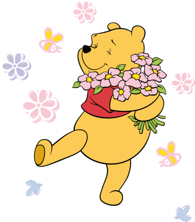 Winnie the Pooh carrying a bouquet of flowers
